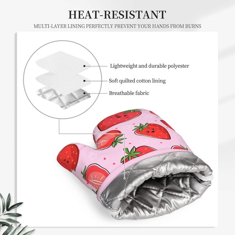 Echoserein Pink Cute Strawberry Oven Mitts and Pot Holders Sets of 4 Heat Resistant Silicone Oven Mittens and Potholders Gloves Hot Pads for Kitchen Cooking Baking Grilling BBQ Chef - Image 3