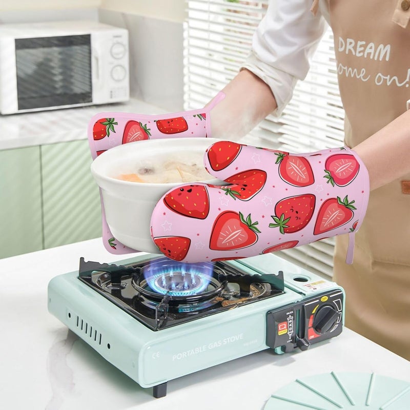 Echoserein Pink Cute Strawberry Oven Mitts and Pot Holders Sets of 4 Heat Resistant Silicone Oven Mittens and Potholders Gloves Hot Pads for Kitchen Cooking Baking Grilling BBQ Chef - Image 5