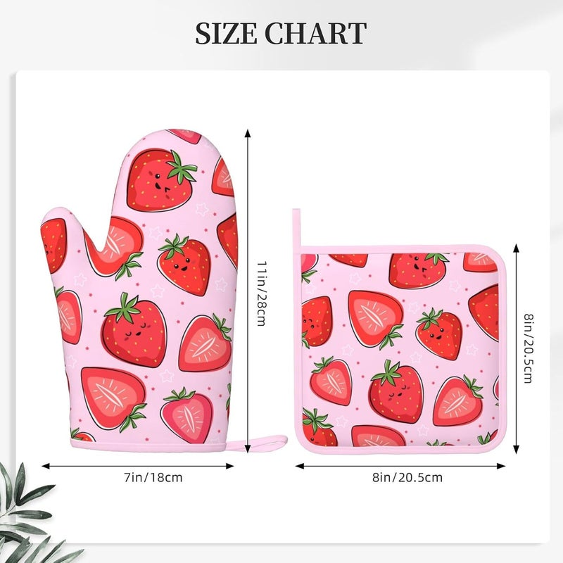 Echoserein Pink Cute Strawberry Oven Mitts and Pot Holders Sets of 4 Heat Resistant Silicone Oven Mittens and Potholders Gloves Hot Pads for Kitchen Cooking Baking Grilling BBQ Chef - Image 2