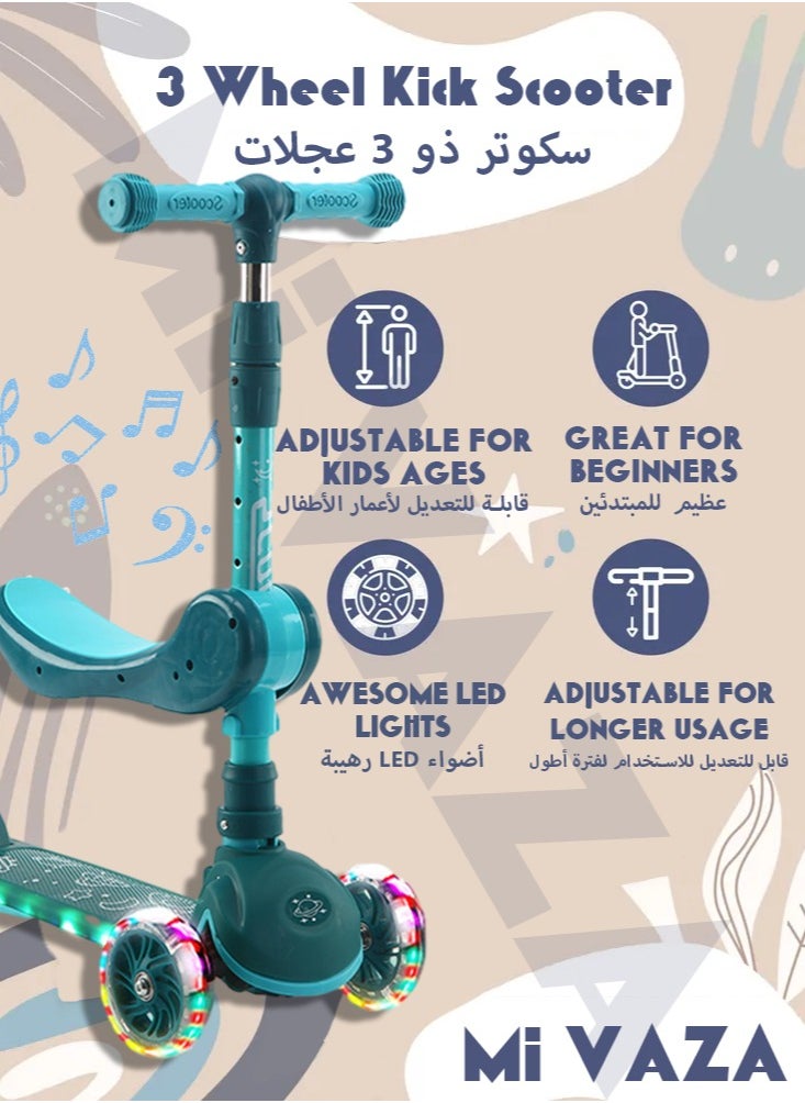 Mi VAZA Kids Three Wheel Scooter With Light Up LED Wheels For Toddlers Girls & Boys, 4 Adjustable Height & Flip-able Seat, Lean To Steer, Extra-wide Deck, Light Up Wheels For Children From 3-14 Years Old  - Image 1