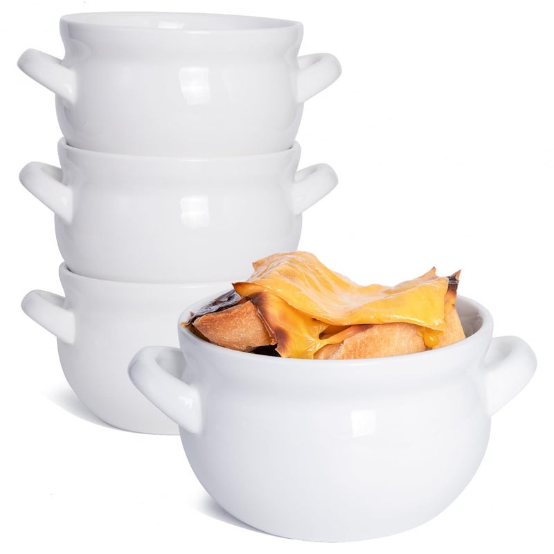 Vumdua 4 Pack Soup Bowls with Handles, 16 Oz French Onion Soup Bowls Ceramic Soup Serving Bowl Crocks - Oven Safe Bowls for Chili, Beef Stew, Cereal, Pot Pies, White - Image 1