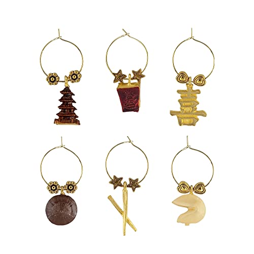 Wine Things 6-Piece Wine Charms/Wine Glass Tags/Drink Markers for Stem Glasses, Wine Tasting Party (Good Fortune) - Image 3