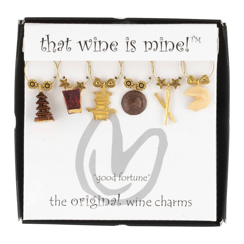 Wine Things 6-Piece Wine Charms/Wine Glass Tags/Drink Markers for Stem Glasses, Wine Tasting Party (Good Fortune) - Image 4