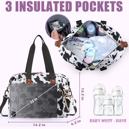 Tuwubi Diaper Bag Tote,Baby Diaper Bag with Pacifier Case Large Travel Diaper Tote Caddy for Mom and Dad Multifunction Large Baby Bag - M-Cow Print - Image 4