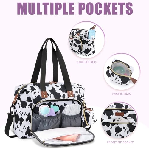 Tuwubi Diaper Bag Tote,Baby Diaper Bag with Pacifier Case Large Travel Diaper Tote Caddy for Mom and Dad Multifunction Large Baby Bag - M-Cow Print - Image 2