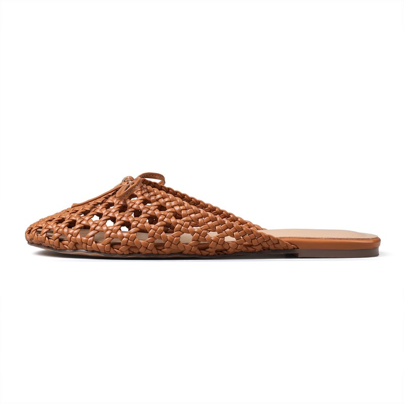 Synchoiss Women's Flat Sandals Trendy Round Toe Mules Bow Style Slip-on Mesh Flats Brown Woven Slides Summer Comfortable Casual Shoes Size 8.5 - Image 4