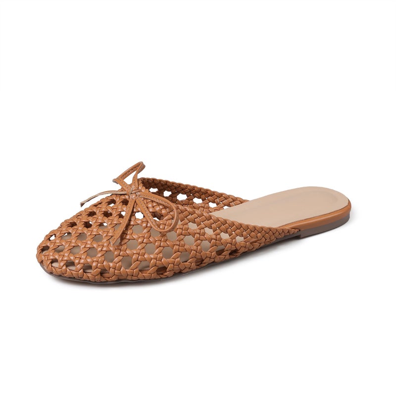 Synchoiss Women's Flat Sandals Trendy Round Toe Mules Bow Style Slip-on Mesh Flats Brown Woven Slides Summer Comfortable Casual Shoes Size 8.5 - Image 1