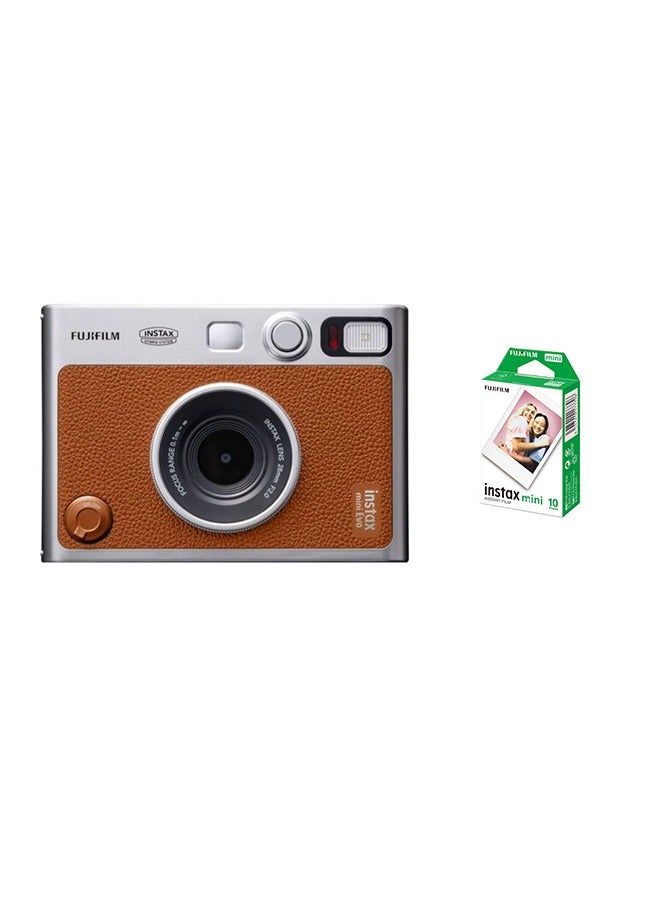 Instax Mini EVO Hybrid Instant Camera – Brown (USB-C) | Instant Print with Digital Preview, Creative Modes & Built-In Selfie Mirror With Pack Of 10 Films
