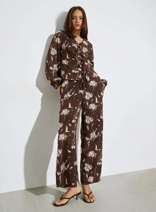 Styli Brown Floral Print Blouse and Wide-Leg Pants Set