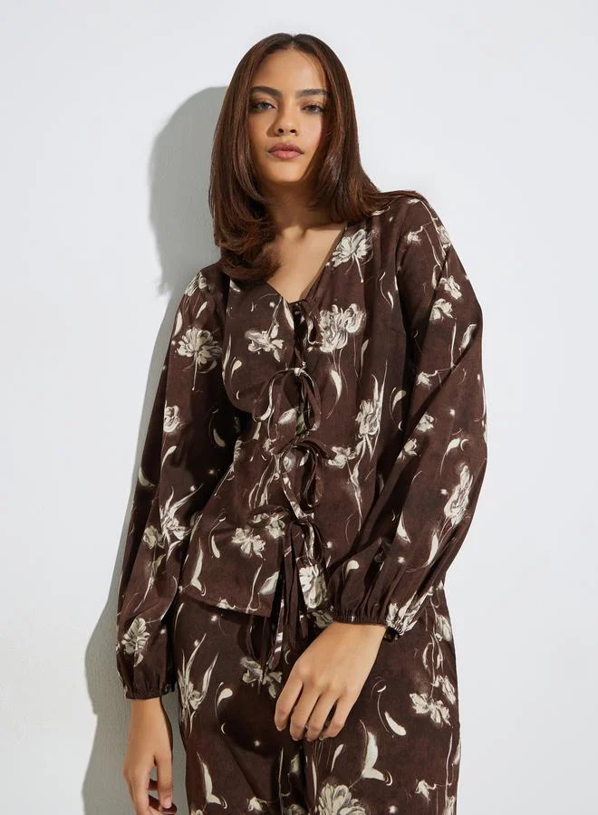 Styli Brown Floral Print Blouse and Wide-Leg Pants Set