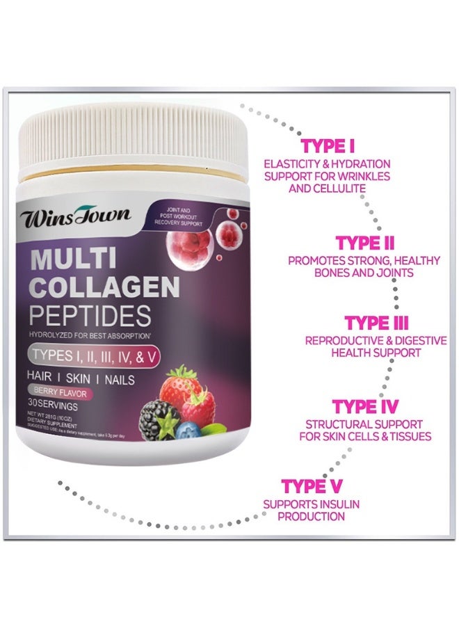 Winstown Multi Collagen Peptides Powder (Types I, II, III, IV, V) - Berry Flavor - with Hyaluronic Acid & Vitamin C - Hydrolyzed for Enhanced Absorption - Supports Hair, Skin, Nails, Joints & Post-Workout Recovery - 281g*2 - Image 2