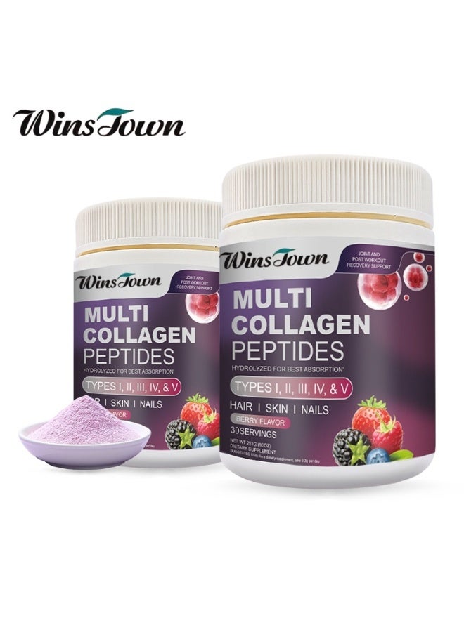 Winstown Multi Collagen Peptides Powder (Types I, II, III, IV, V) - Berry Flavor - with Hyaluronic Acid & Vitamin C - Hydrolyzed for Enhanced Absorption - Supports Hair, Skin, Nails, Joints & Post-Workout Recovery - 281g*2 - Image 1
