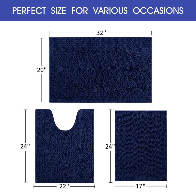 ACCUMTEK Striped Navy Blue Bathroom Rug Set 3 Pieces Ultra Soft, Non Slip Chenille Toilet Mat, Absorbent Plush Shaggy Bath Mats for Bathroom, Bedroom, Kitchen - Image 5