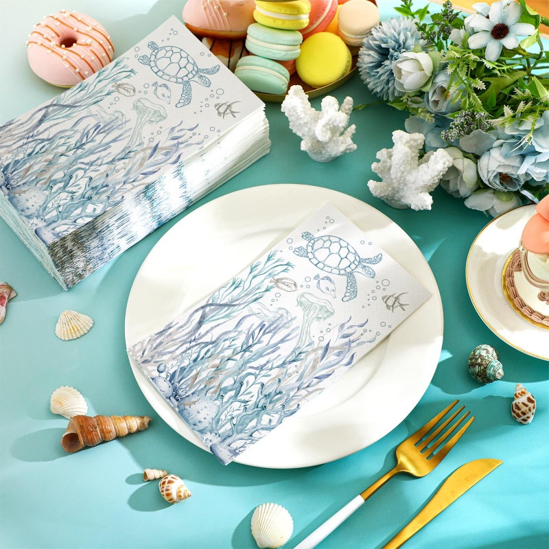 Moinchore 200 Pcs Coastal Turtle Bathroom Paper Guest Towel 2 Ply Summer Guest Napkins Blue Bathroom Paper Hand Towels Jellyfish Dinner Napkins Nautical Napkins for Wedding Baby Shower Holiday Party - Image 2