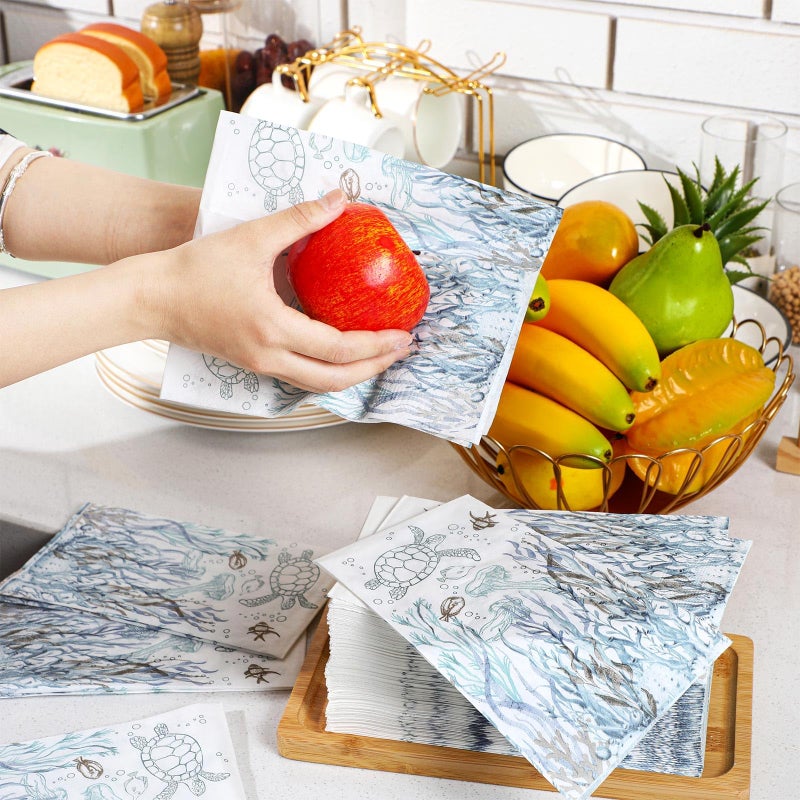 Moinchore 200 Pcs Coastal Turtle Bathroom Paper Guest Towel 2 Ply Summer Guest Napkins Blue Bathroom Paper Hand Towels Jellyfish Dinner Napkins Nautical Napkins for Wedding Baby Shower Holiday Party - Image 4