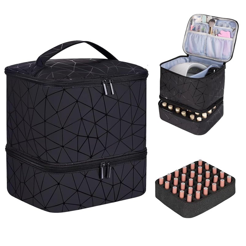 Quoyiyo DoubleLayer Nail Polish Organizer  Holds 30 Bottles 15 ml  1 Nail lamp  Durable Nail Polish Holder with Removable Dividers Black