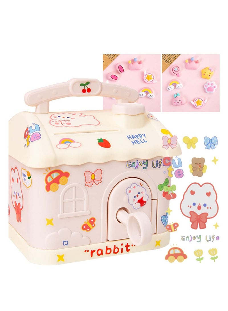 SYOSI Money Bank for Kids, Cottage Money Bank with DIY Sticker & Key Lovely Money Bank for Kids to Saving Money Children's Birthday Gifts (Pink) - Image 1