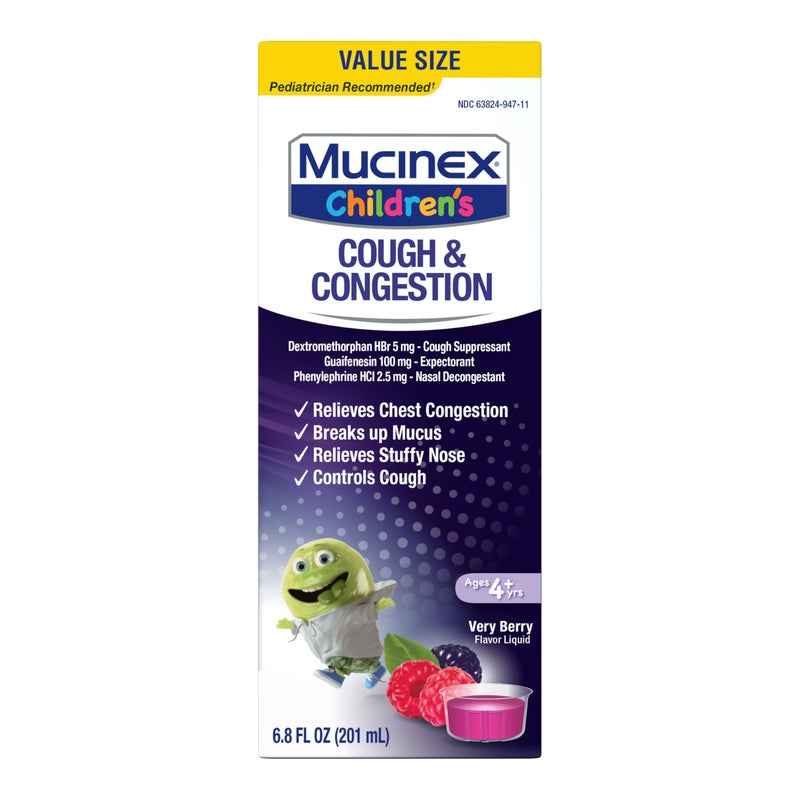 Mucinex Childrenâ€™s Cough & Congestion, Multi-Symptom Relief, Cough Suppressant, Expectorant, Nasal Decongestant, Very Berry Flavor, 6.8 FL OZ - Image 1