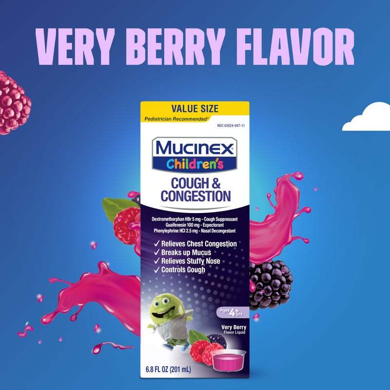 Mucinex Childrenâ€™s Cough & Congestion, Multi-Symptom Relief, Cough Suppressant, Expectorant, Nasal Decongestant, Very Berry Flavor, 6.8 FL OZ - Image 5