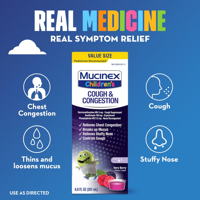 Mucinex Childrenâ€™s Cough & Congestion, Multi-Symptom Relief, Cough Suppressant, Expectorant, Nasal Decongestant, Very Berry Flavor, 6.8 FL OZ - Image 2