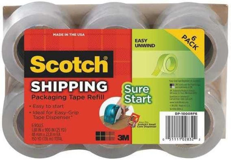Sure Start Packing Tape for Small Core Dispenser, 1.88" x 25 yds., Clear, 6/Pack (DP1000RF6)