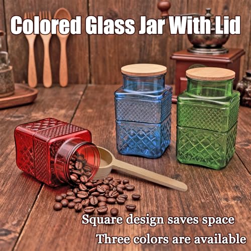 Coriario 60oz Vintage Glass Jar with Airtight Lid and Wood Spoon Blue Square Glass Storage Canisters Jars for Food Candy Flour Sugar Cookie Coffee Tea Decorative Vase - Image 3