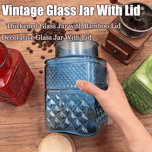 Coriario 60oz Vintage Glass Jar with Airtight Lid and Wood Spoon Blue Square Glass Storage Canisters Jars for Food Candy Flour Sugar Cookie Coffee Tea Decorative Vase - Image 4
