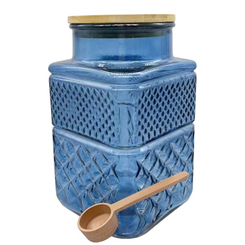 Coriario 60oz Vintage Glass Jar with Airtight Lid and Wood Spoon Blue Square Glass Storage Canisters Jars for Food Candy Flour Sugar Cookie Coffee Tea Decorative Vase - Image 1