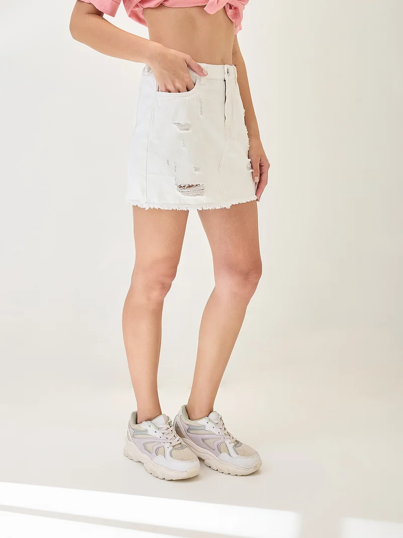 globus Women Mid Rise Distressed & Frayed Hem Mini Denim Skirt