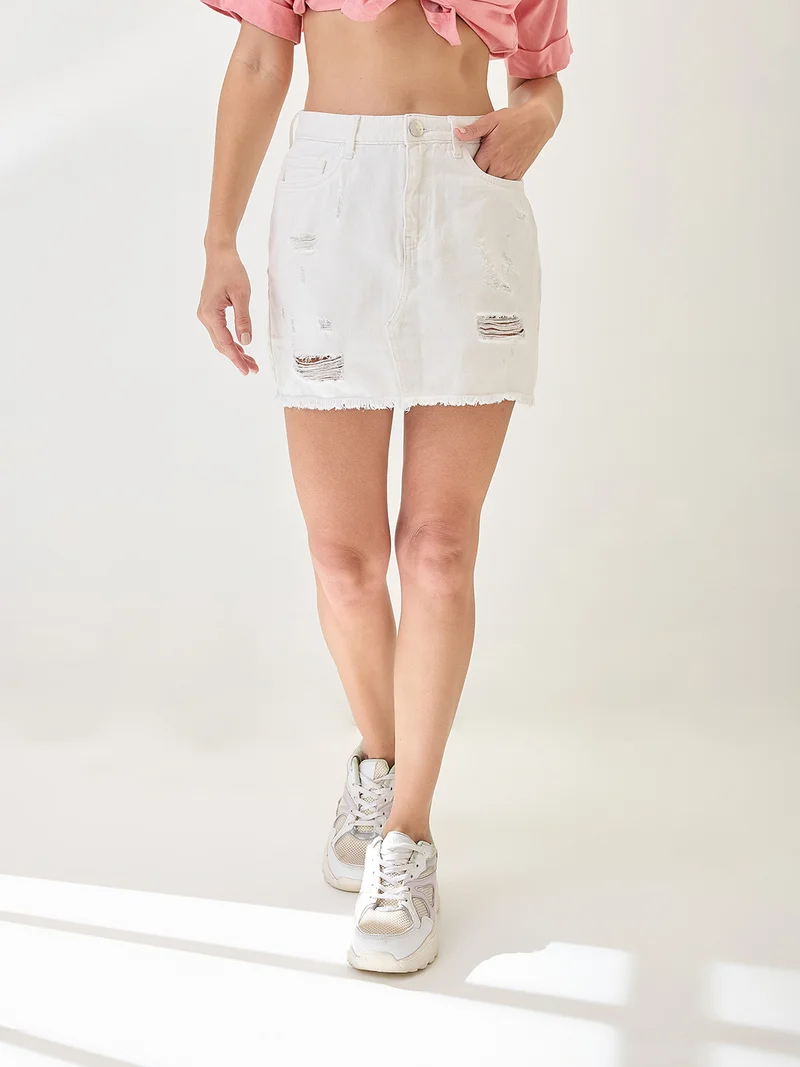 globus Globus Women Mid Rise Distressed & Frayed Hem Mini Denim Skirt