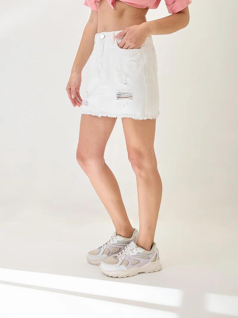 globus Women Mid Rise Distressed & Frayed Hem Mini Denim Skirt