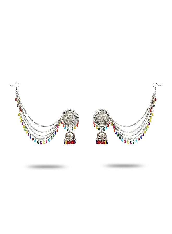 YouBella Multicolour Oxidized Silver Plated Afghani Kashmiri Tribal Jhumka Earrings For Women - Image 2