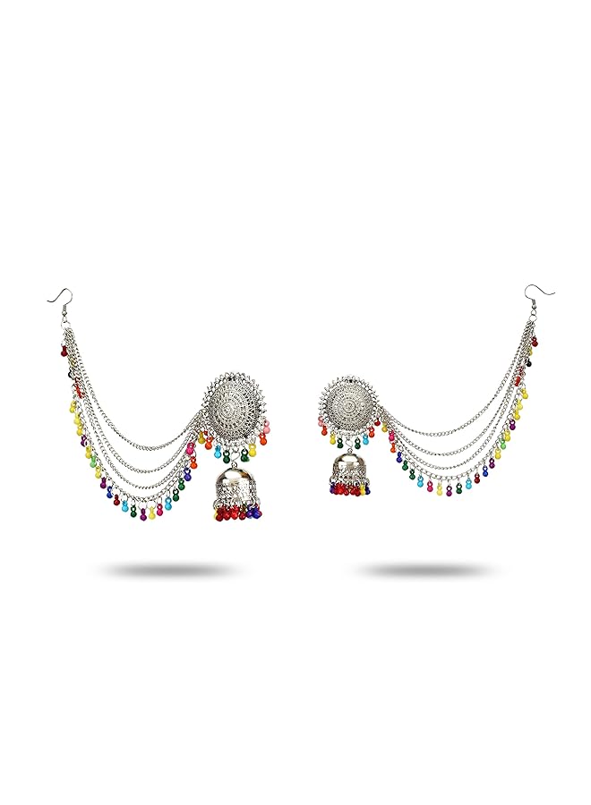 YouBella Multicolour Oxidized Silver Plated Afghani Kashmiri Tribal Jhumka Earrings For Women - Image 4