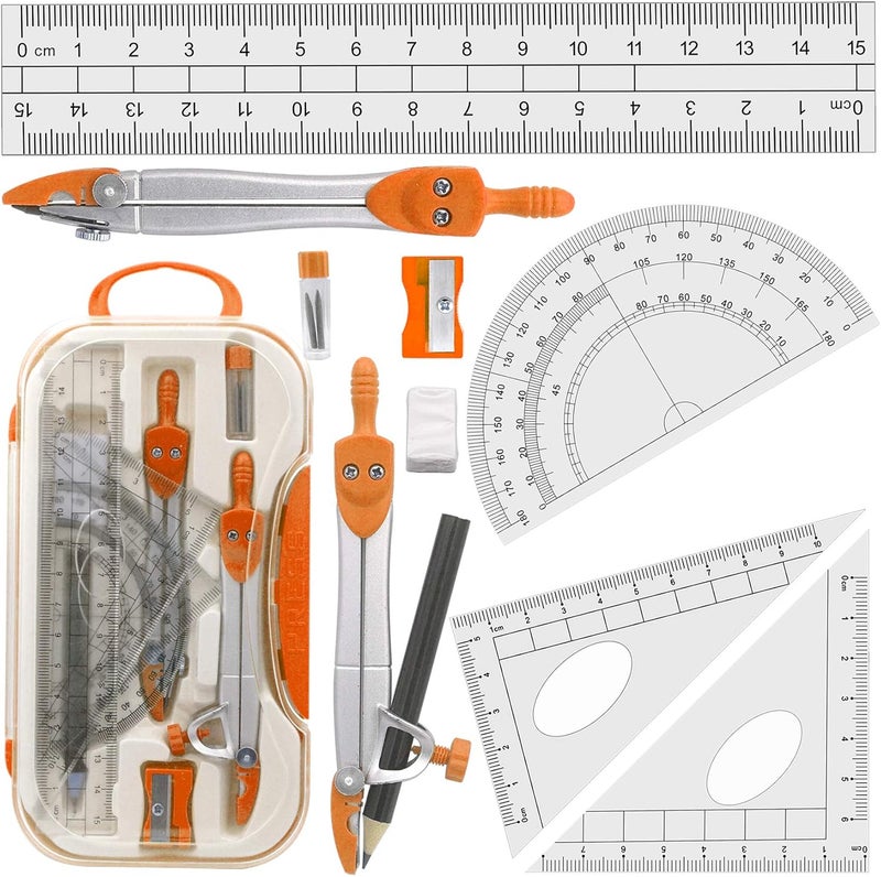 Maths Drafting Compasses Back to School Geometry Study Set for Students with 2 Compasses, 180° Protractor, 45° & 60° Set Squares, Ruler in Carry Case, for Grades 5-12 Classroom & Home Study, Orange - Image 2