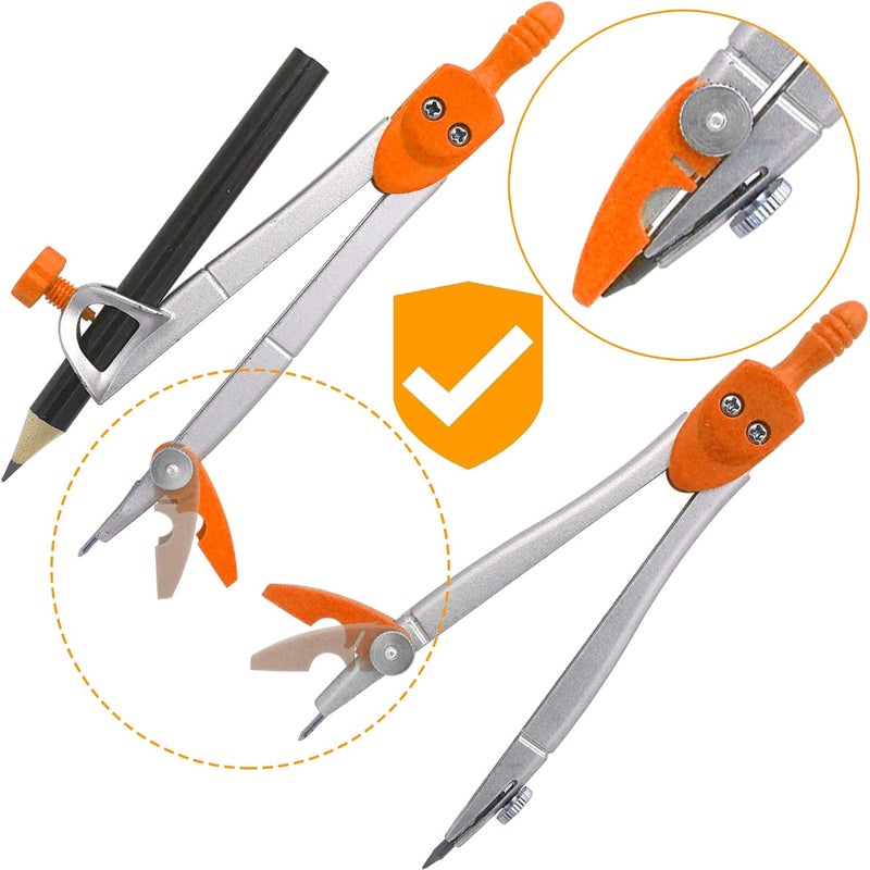 Maths Drafting Compasses Back to School Geometry Study Set for Students with 2 Compasses, 180° Protractor, 45° & 60° Set Squares, Ruler in Carry Case, for Grades 5-12 Classroom & Home Study, Orange - Image 3
