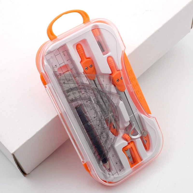 Maths Drafting Compasses Back to School Geometry Study Set for Students with 2 Compasses, 180° Protractor, 45° & 60° Set Squares, Ruler in Carry Case, for Grades 5-12 Classroom & Home Study, Orange - Image 5