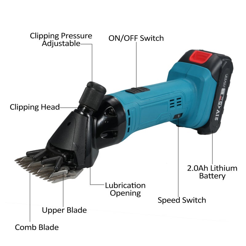 Cordless Shears 2000mAh Lithium Battery 500W Motor 6-Speed Adjustable - 13-Tooth Carbon Steel Blades Professional Shear for Livestock Thick-Haired Pet Grooming - Image 5