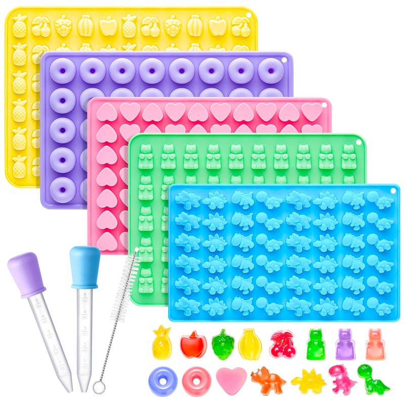 KKDINDAN Silicone Gummy Molds Set of 5, Non-stick Candy Chocolate Molds with 2 Droppers 1 Clean Brush, Includes Dinosaur Bear Donut Fruit Heart Shape - Image 1