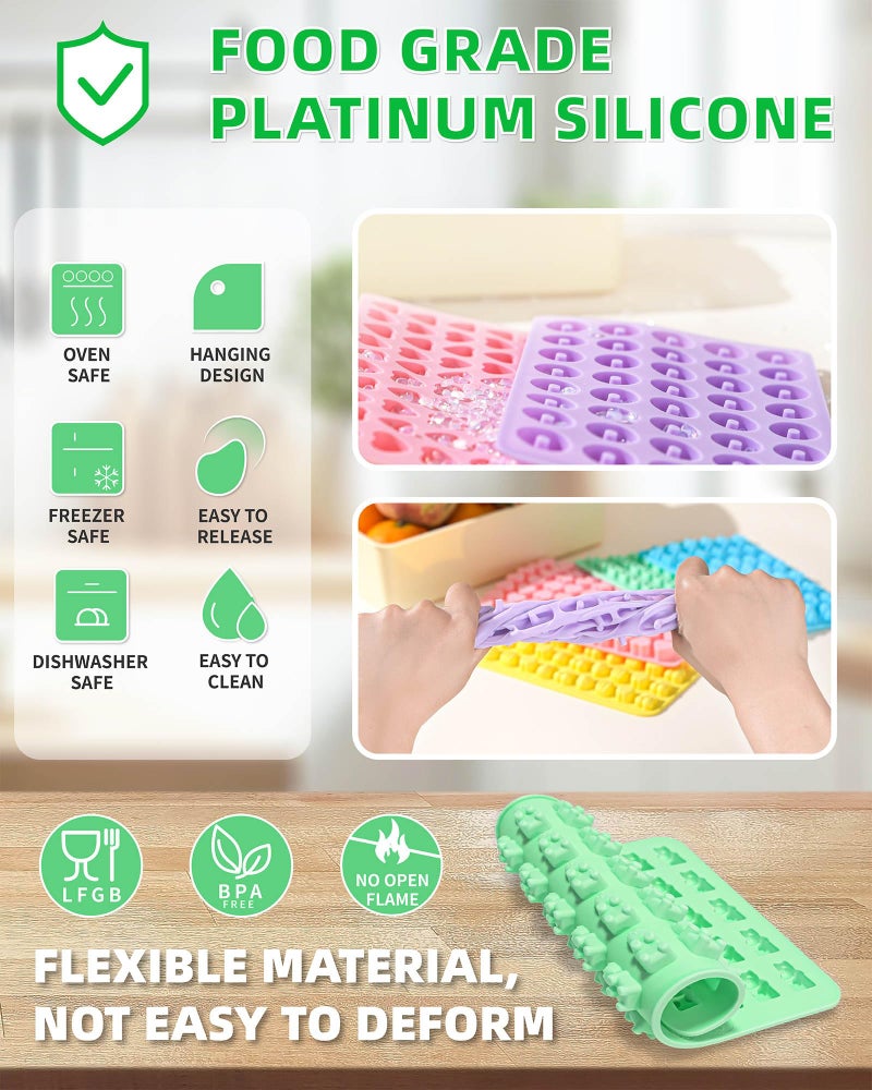 KKDINDAN Silicone Gummy Molds Set of 5, Non-stick Candy Chocolate Molds with 2 Droppers 1 Clean Brush, Includes Dinosaur Bear Donut Fruit Heart Shape - Image 3