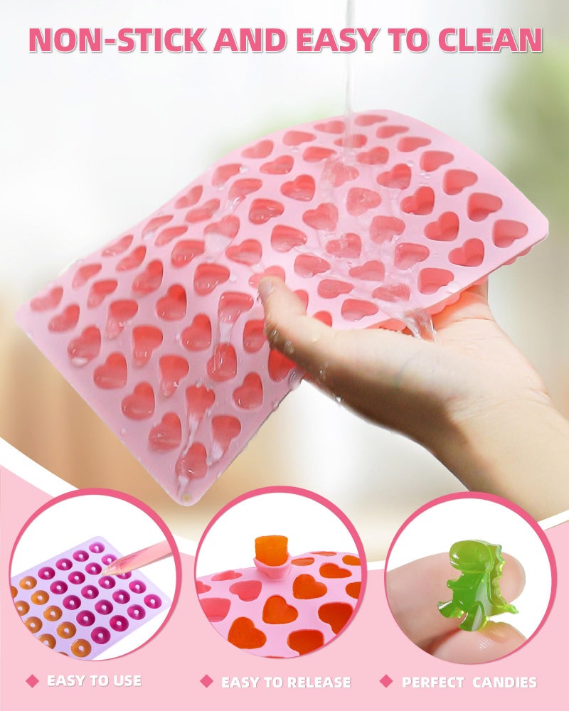 KKDINDAN Silicone Gummy Molds Set of 5, Non-stick Candy Chocolate Molds with 2 Droppers 1 Clean Brush, Includes Dinosaur Bear Donut Fruit Heart Shape - Image 4