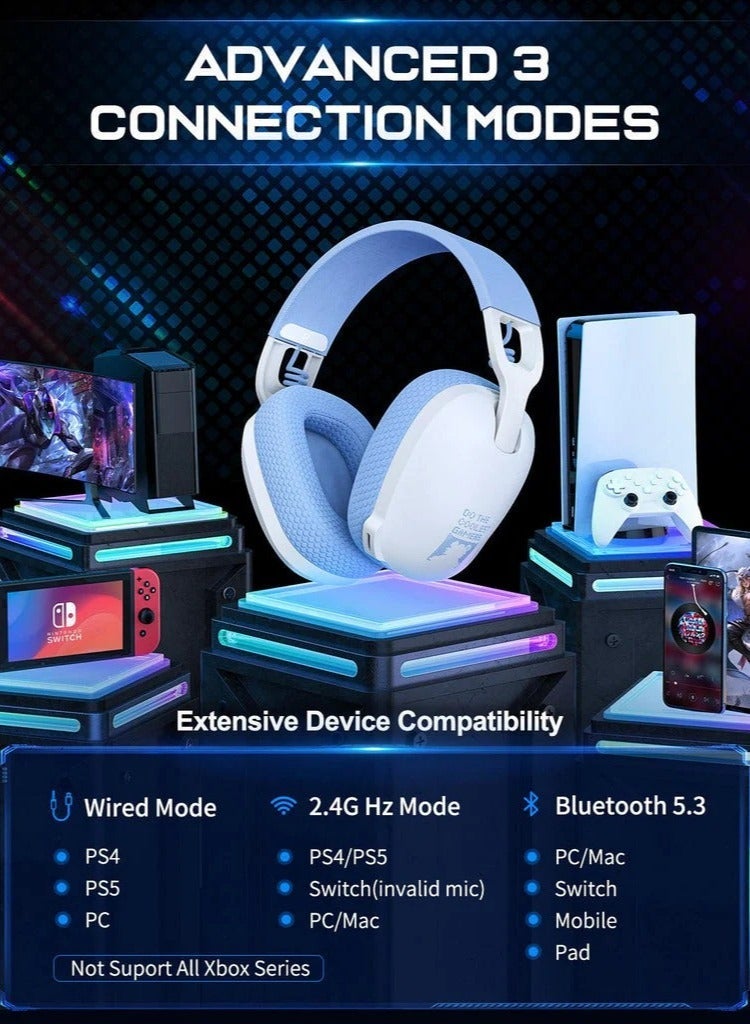 onikuma B2 Tri-Mode Gaming Headset ( 2.4GHz wireless / Bluetooth 5.3 / 3.5mm wired ) – 7.1 Pro Stereo Surround Sound – 40MM Drivers – Noise-Canceling Microphone – Up to 8 hours – Multi Platforms for PC, PS5/4/3, Switch, Mobile | White - Image 3