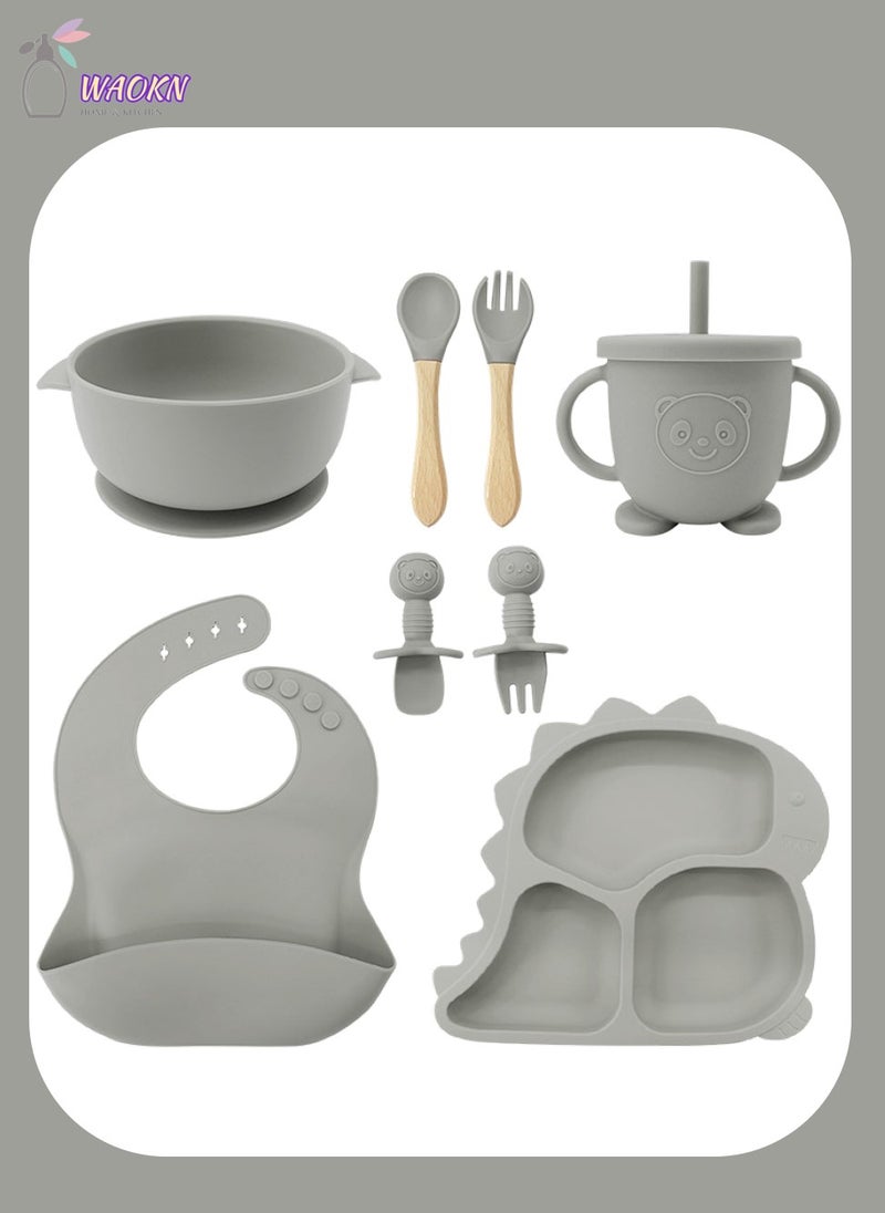 WAOKN 8Pcs Baby Silicone Tableware Set Special For Infants To Eat Their Own Training Tableware Set Including Complementary Food Bowl Sippy Cup Dinner Plate Bib Fork And Spoon(Smoke Gray)  - Image 1