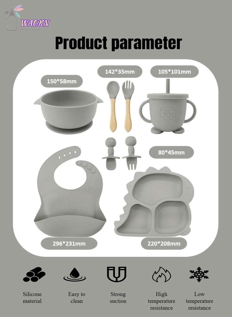 WAOKN 8Pcs Baby Silicone Tableware Set Special For Infants To Eat Their Own Training Tableware Set Including Complementary Food Bowl Sippy Cup Dinner Plate Bib Fork And Spoon(Smoke Gray)  - Image 2