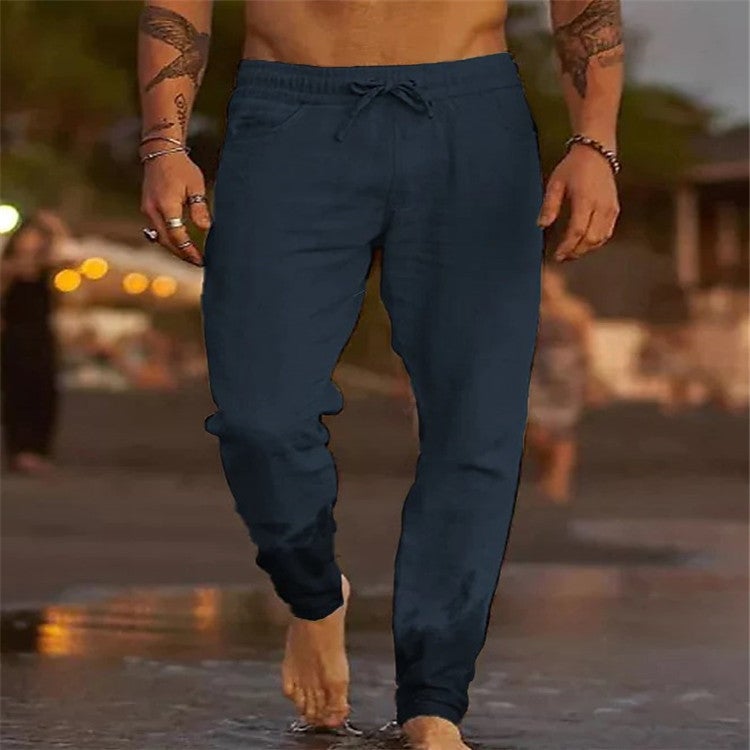 European and American Cross-border 2025 Summer New Mens Solid Color Casual Pants Loose Niche Drawstring Beach Straight Pants Navy Blue 