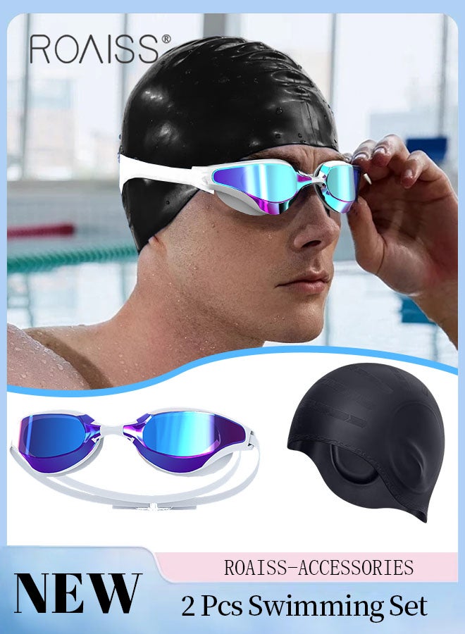 رويس طقم نظارات سباحة للكبار مكون من قطعتين، نظارة سباحة ذات رؤية واسعة عالية الوضوح ومضادة للضباب، معدات سباحة داخلية وخارجية مع نظارة وقبعة سباحة لحماية الأذن من السيليكون - Image 1
