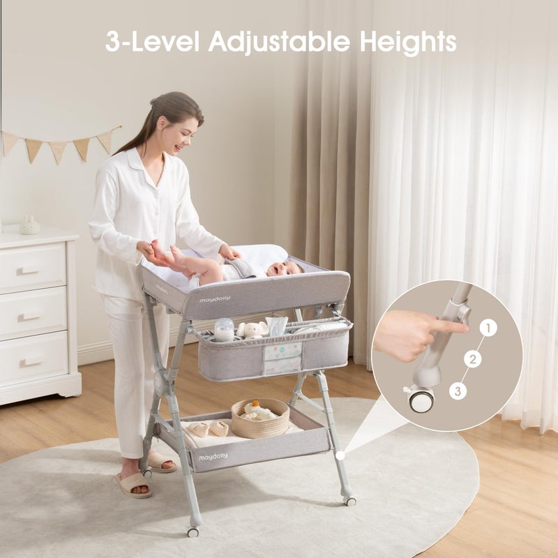 Maydolly Changing Tableï¼ŒPortable Diaper Changing Station, Foldable Baby Changing Table,Compact Nursery Diaper Changing Table for Babyï¼ŒAdjustable Heightï¼ŒMobile on Wheels (Grey) - Image 3