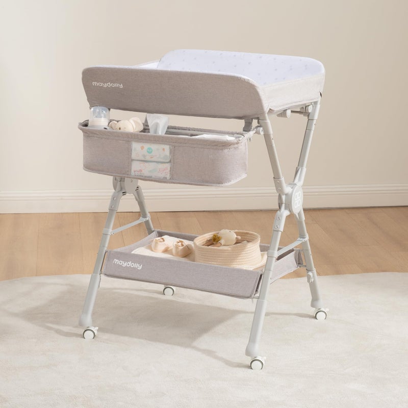 Maydolly Changing Tableï¼ŒPortable Diaper Changing Station, Foldable Baby Changing Table,Compact Nursery Diaper Changing Table for Babyï¼ŒAdjustable Heightï¼ŒMobile on Wheels (Grey) - Image 1