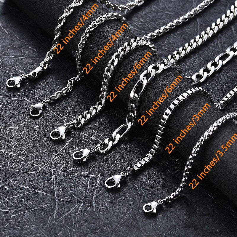 OLARCU 6 Pcs Silver Chains, Stainless Steel Cuban Link/Rope/Box/Figaro/Square Rolo/Wheat Chain Necklace Jewelry Set for Men Women, 22 inches - Image 2
