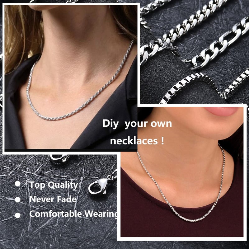 OLARCU 6 Pcs Silver Chains, Stainless Steel Cuban Link/Rope/Box/Figaro/Square Rolo/Wheat Chain Necklace Jewelry Set for Men Women, 22 inches - Image 5