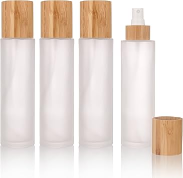 COSIDEA Pack of 4 Empty 150 ml Bamboo Lid Frosted Glass Spray Bottle with Fine Spray Head for Liquid Perfume Toiletries Container Toner Bottles - Image 1